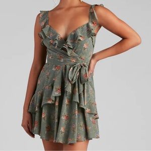 Floral green skater dress with backless detail